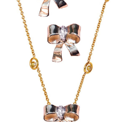 Bow Necklace-14K gold with diamonds on Karma chain with diamond dots-0